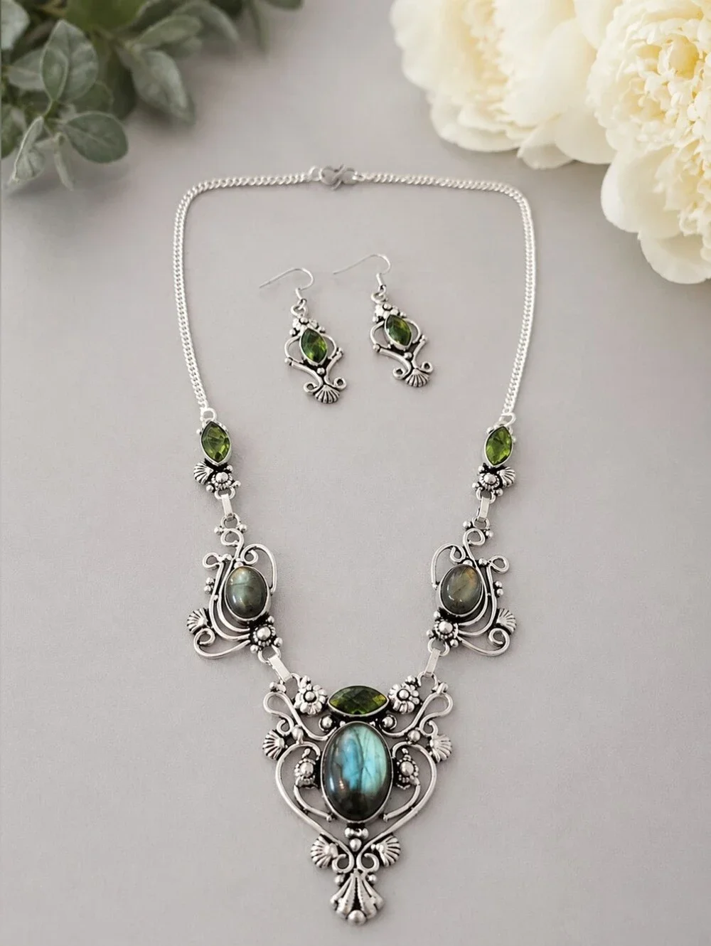 Labradorite & Peridot Gemstone Necklace Earrings Set 21